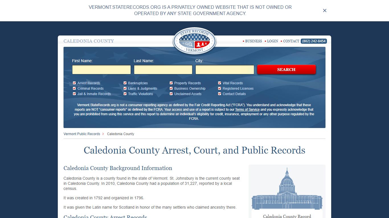 Caledonia County Arrest, Court, and Public Records